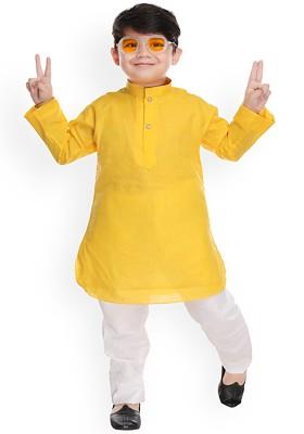 Yellow Embroidered Cotton Kurta Set For Boys