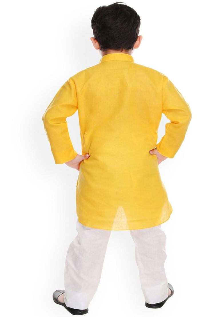 Yellow Embroidered Cotton Kurta Set For Boys - Indya