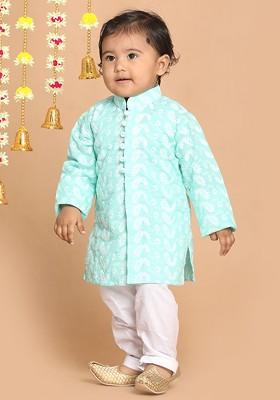 Green Floral Cotton Kurta Set For Boys
