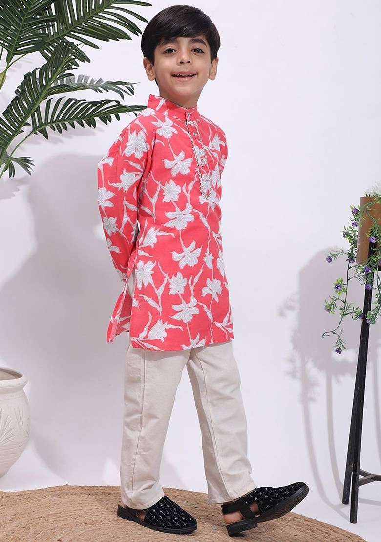 Coral Printed Blended Kurta Set For Boys - Indya