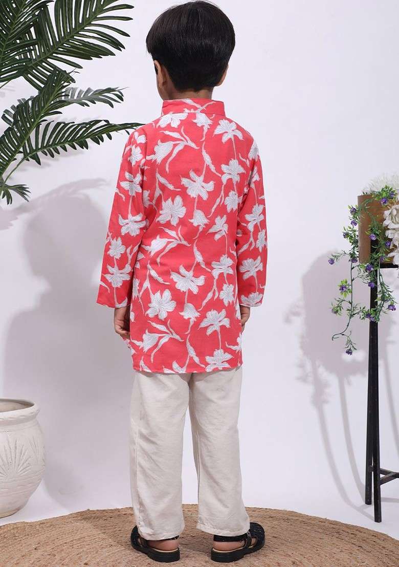 Coral Printed Blended Kurta Set For Boys - Indya