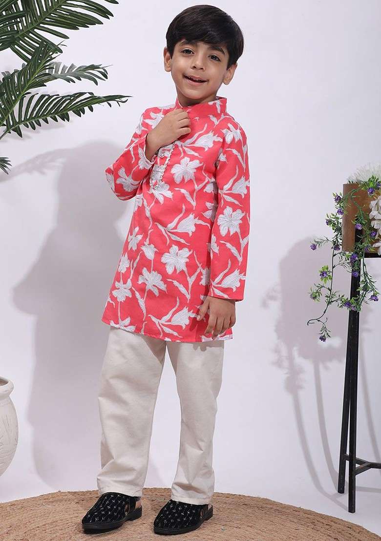 Coral Printed Blended Kurta Set For Boys - Indya