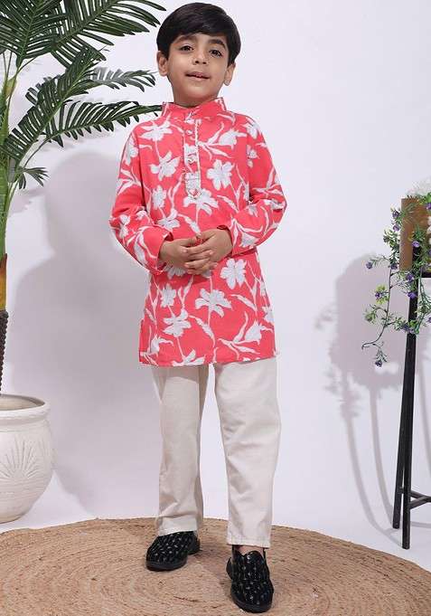 Coral Printed Blended Kurta Set For Boys