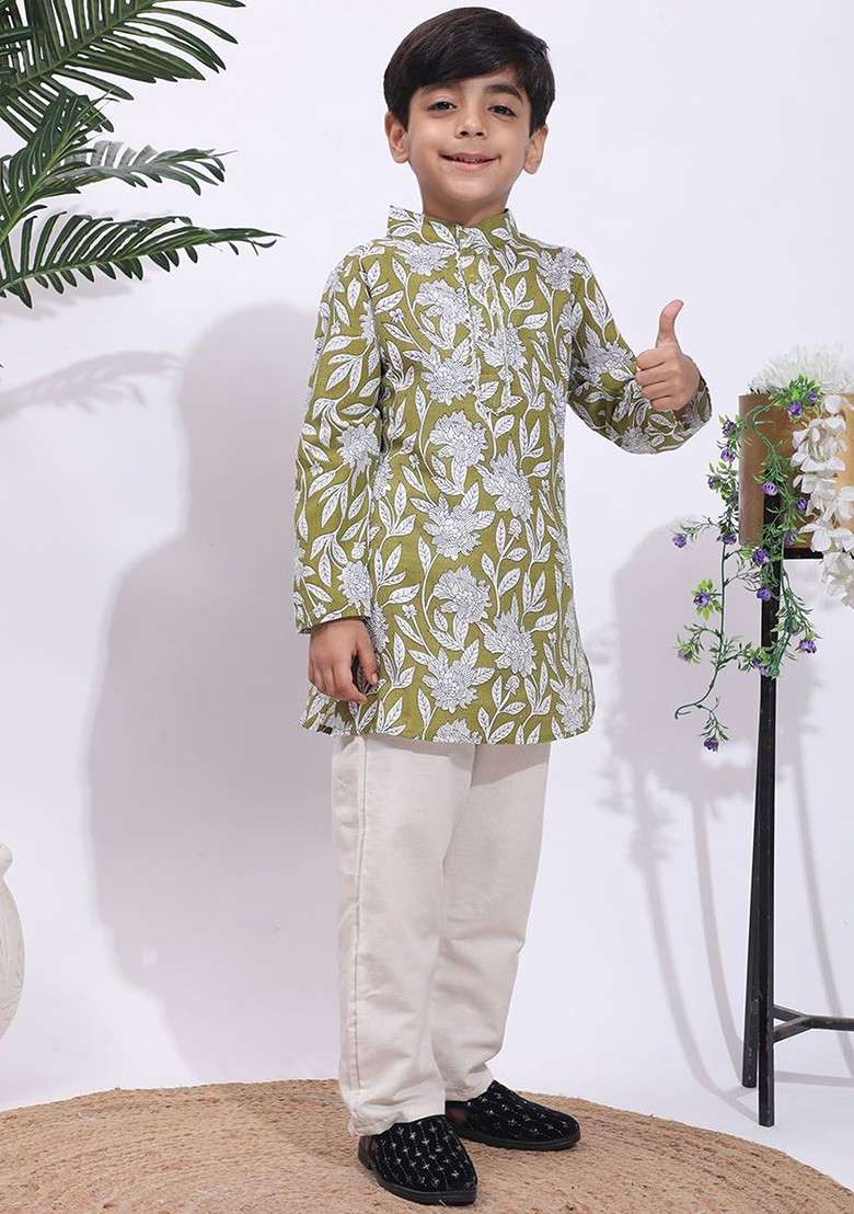 Olive Printed Blended Kurta Set For Boys - Indya