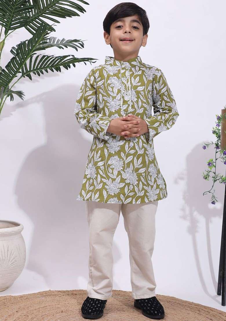 Olive Printed Blended Kurta Set For Boys - Indya
