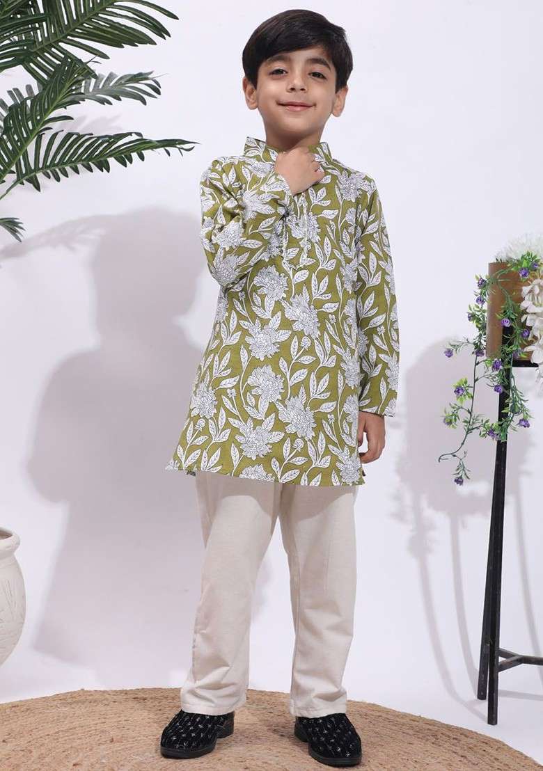 Olive Printed Blended Kurta Set For Boys - Indya