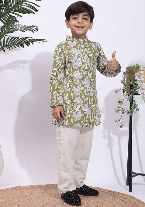 Olive Printed Blended Kurta Set For Boys