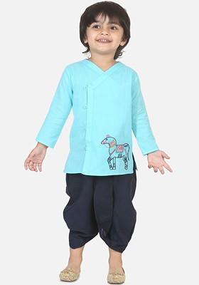 Blue Solid Blended Kurta Dhoti Set For Boys