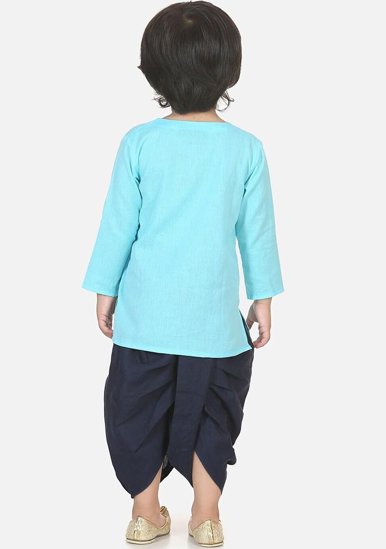 Blue Solid Blended Kurta Dhoti Set For Boys - Indya