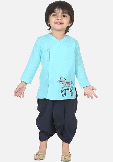 Blue Solid Blended Kurta Dhoti Set For Boys