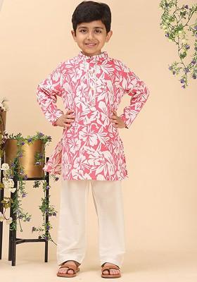 Pink Printed Blended Kurta Set For Boys