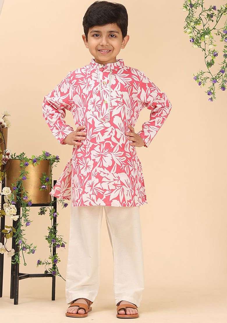 Pink Printed Blended Kurta Set For Boys - Indya