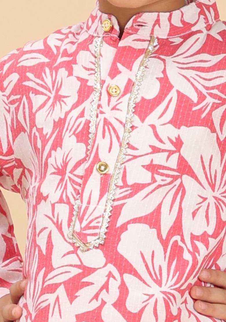 Pink Printed Blended Kurta Set For Boys - Indya