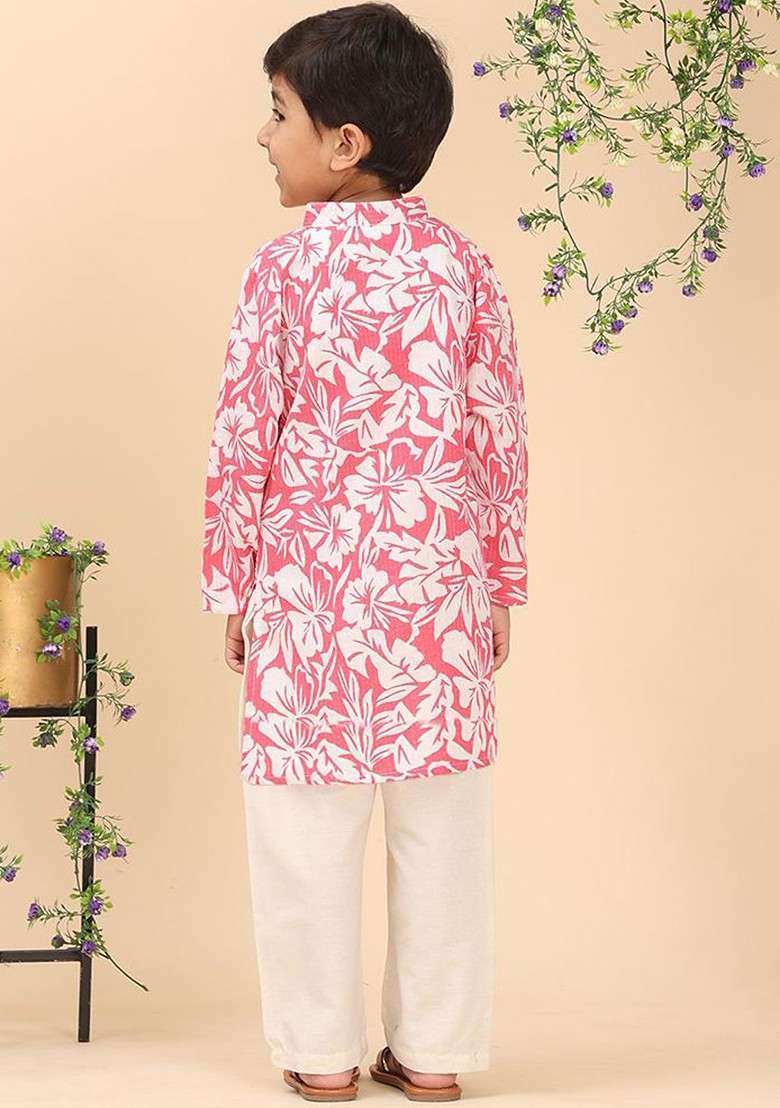 Pink Printed Blended Kurta Set For Boys - Indya
