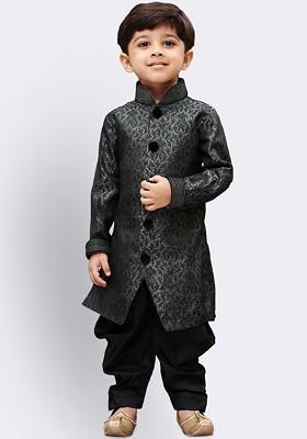 Grey Self Design Blended Kurta Dhoti Set For Boys