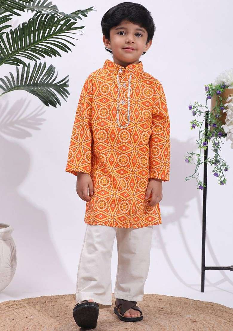 Orange Printed Blended Kurta Set For Boys - Indya
