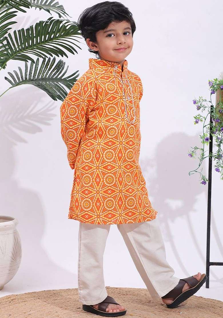 Orange Printed Blended Kurta Set For Boys - Indya