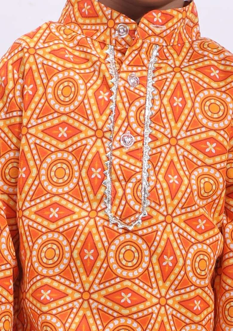 Orange Printed Blended Kurta Set For Boys - Indya