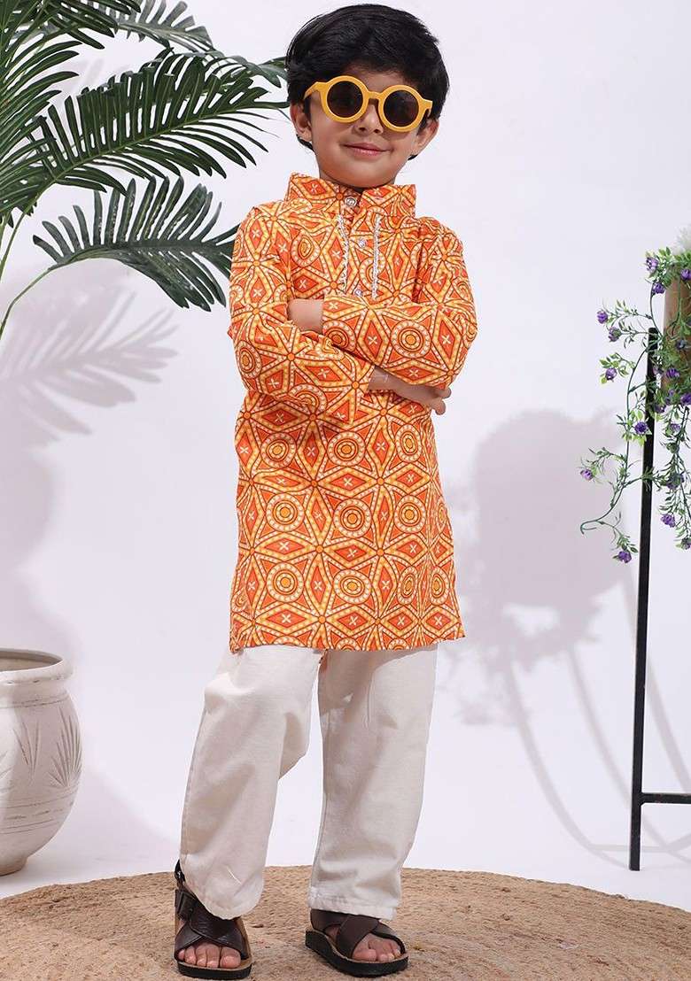 Orange Printed Blended Kurta Set For Boys - Indya