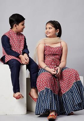 Navy Blue Printed Blended Kurta Set For Boys