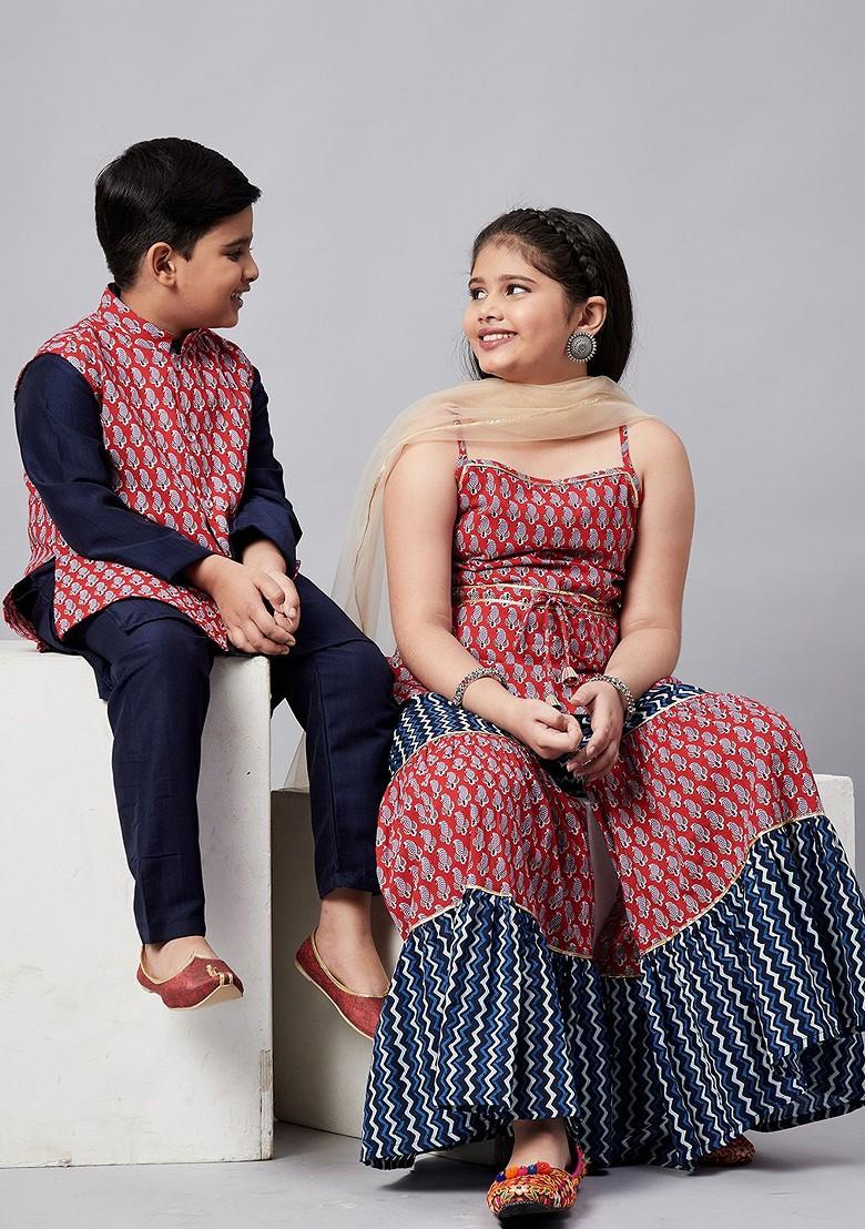 Navy Blue Printed Blended Kurta Set For Boys - Indya