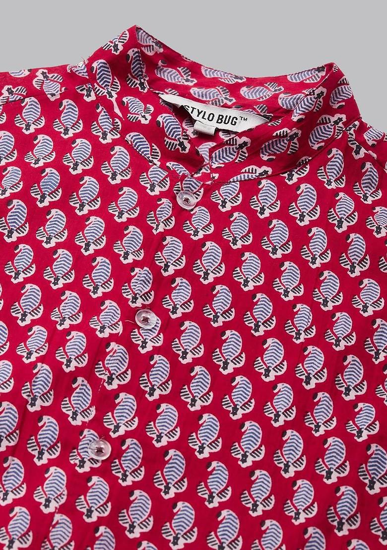 Navy Blue Printed Blended Kurta Set For Boys - Indya