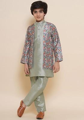 Green Embroidered Blended Nehru Jacket Set For Boys