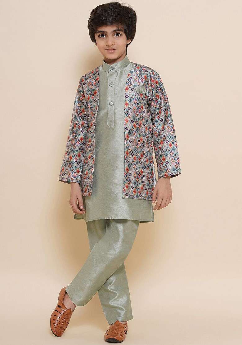 Green Embroidered Blended Nehru Jacket Set For Boys - Indya