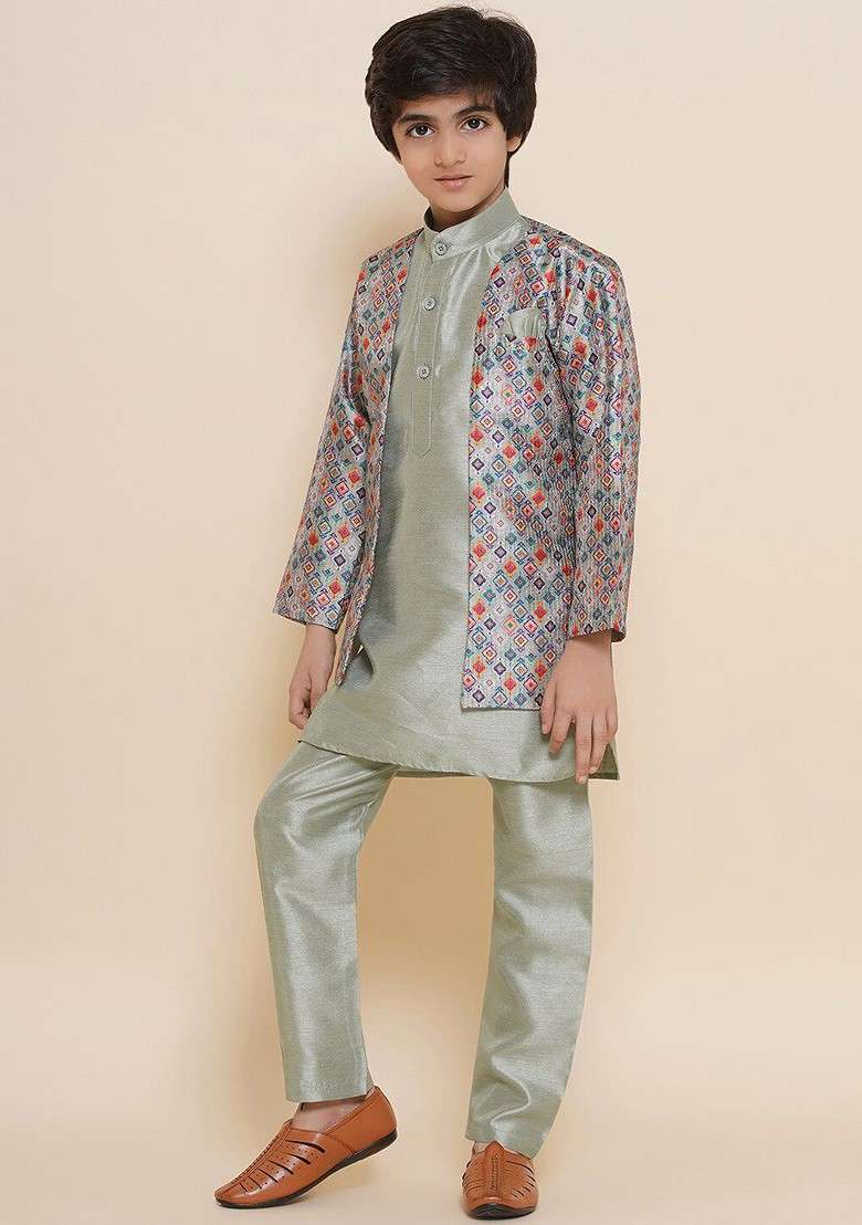 Green Embroidered Blended Nehru Jacket Set For Boys - Indya