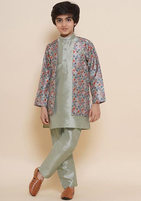 Green Embroidered Blended Nehru Jacket Set For Boys