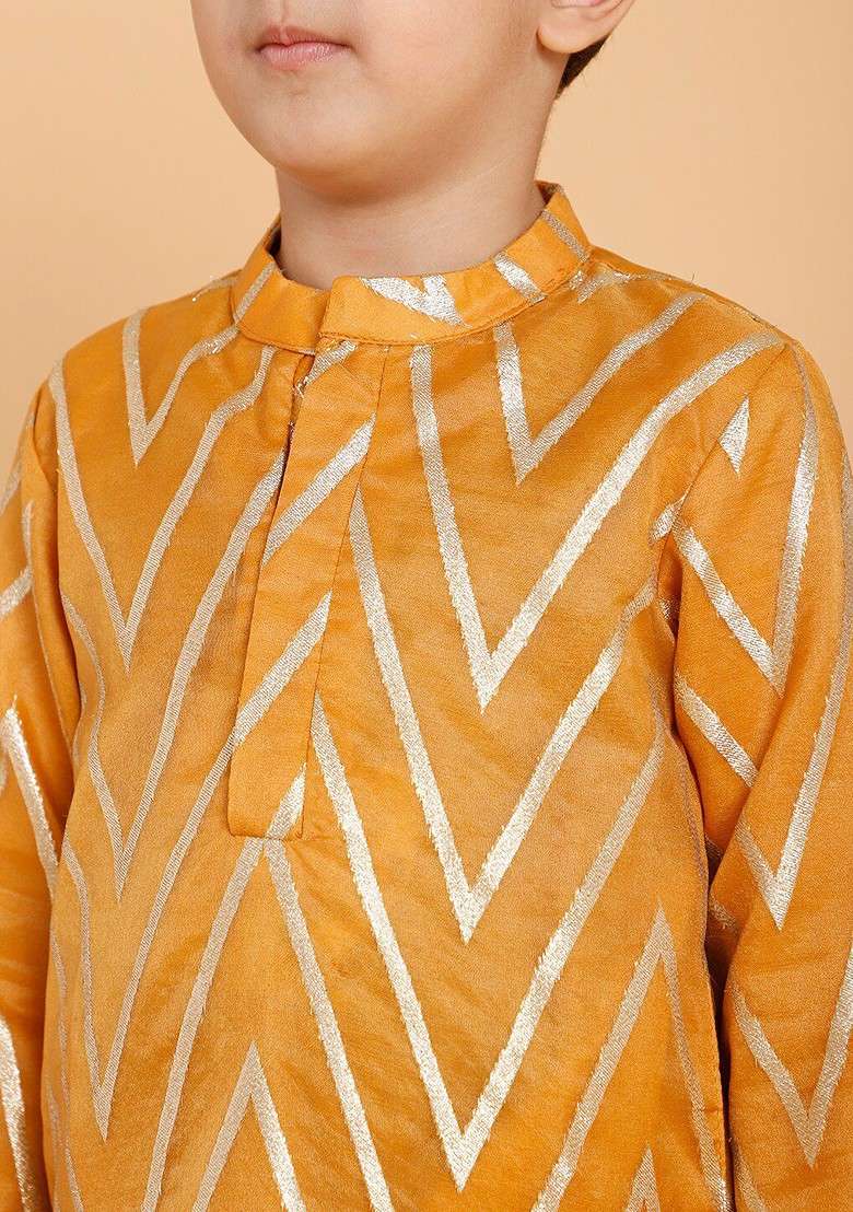 Gold Printed Blended Kurta Set For Boys - Indya