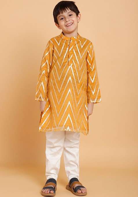 Gold Printed Blended Kurta Set For Boys