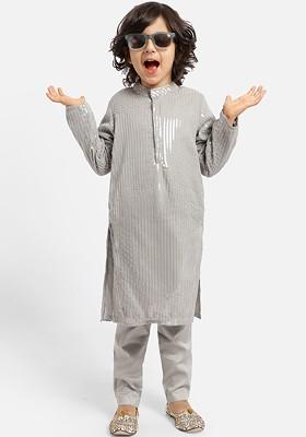 Grey Striped Blended Kurta Set For Boys