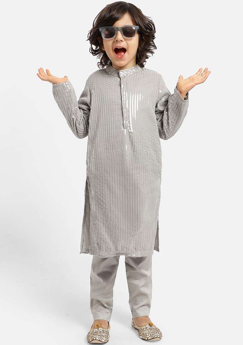 Grey Striped Blended Kurta Set For Boys - Indya