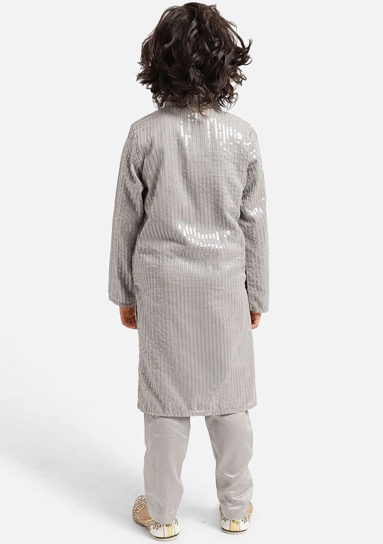 Grey Striped Blended Kurta Set For Boys - Indya