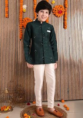 Green Embroidered Silk Kurta Set For Boys