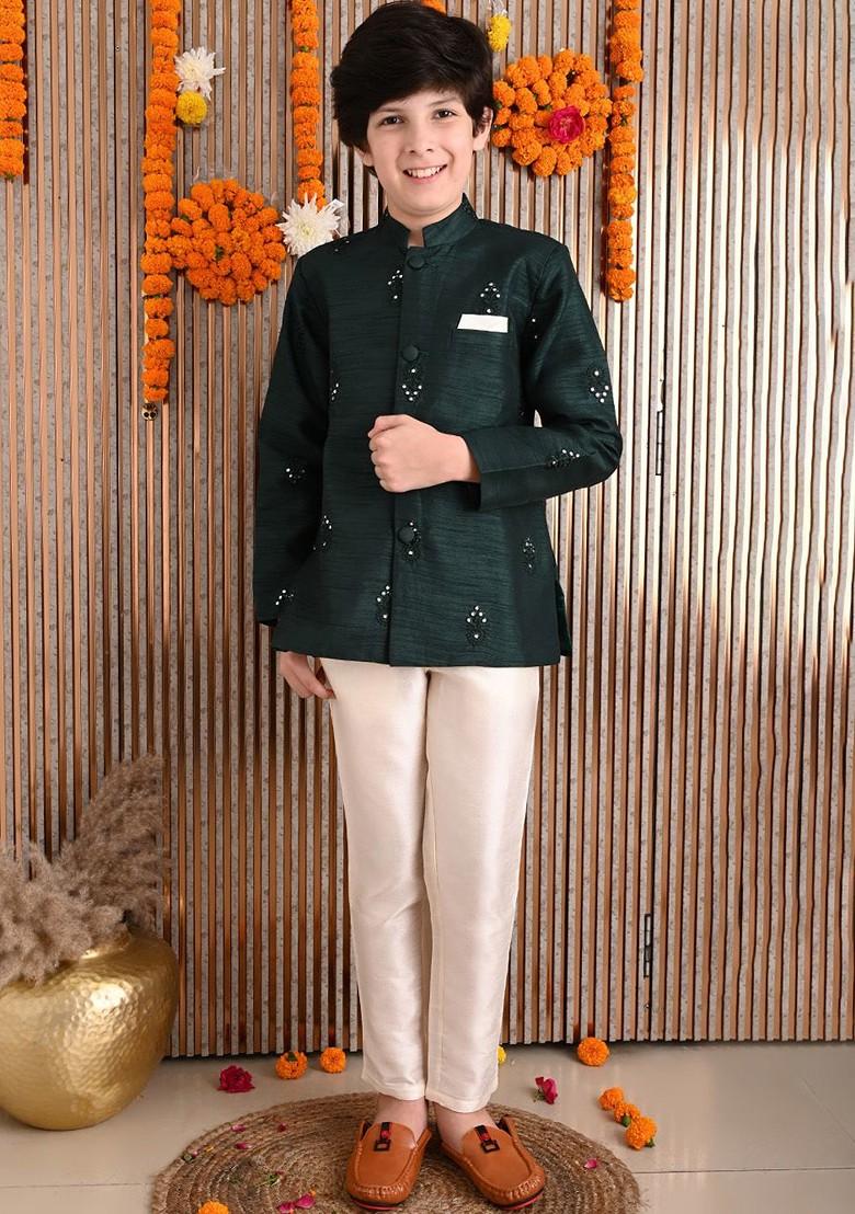 Green Embroidered Silk Kurta Set For Boys - Indya