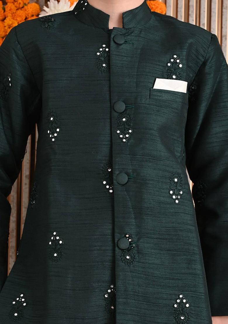 Green Embroidered Silk Kurta Set For Boys - Indya