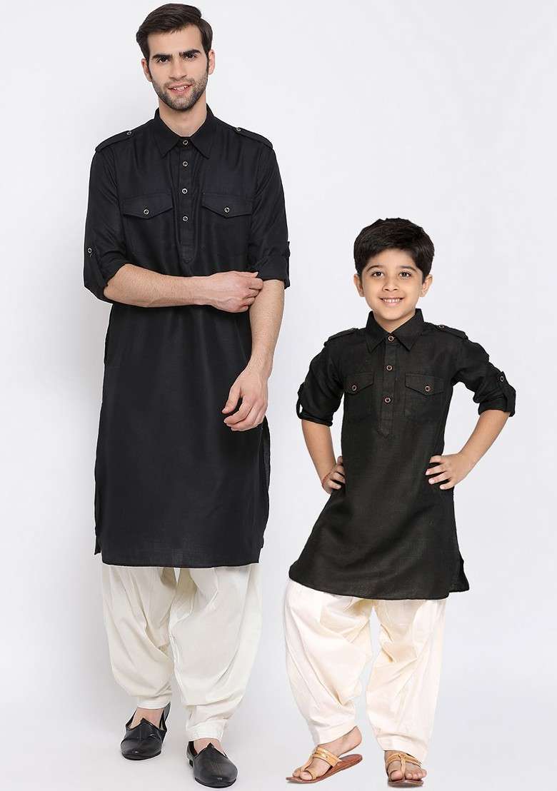 Black Embroidered Blended Kurta Dhoti Set For Boys - Indya