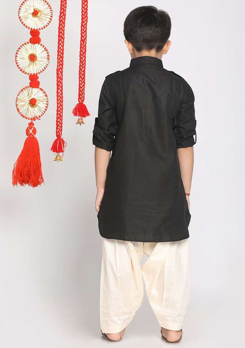 Black Embroidered Blended Kurta Dhoti Set For Boys - Indya