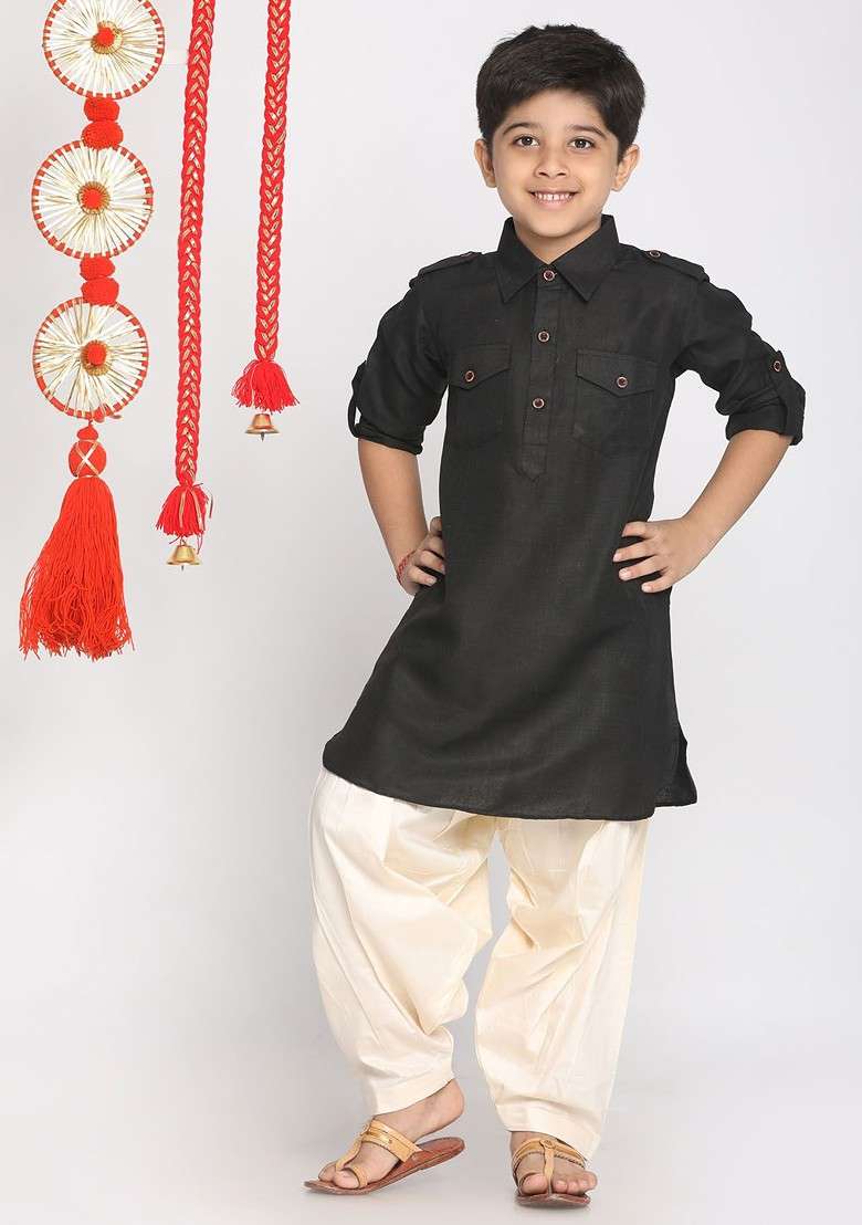 Black Embroidered Blended Kurta Dhoti Set For Boys - Indya
