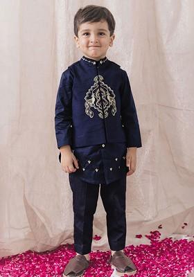 Navy Blue Embroidered Cotton Kurta Set For Boys