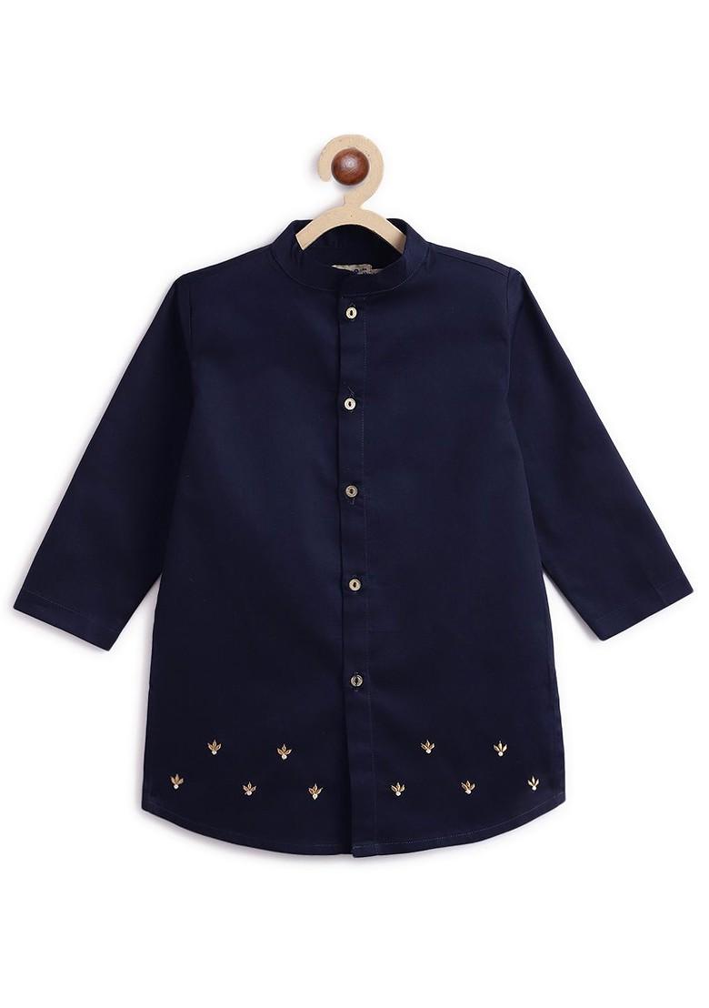 Navy Blue Embroidered Cotton Kurta Set For Boys - Indya