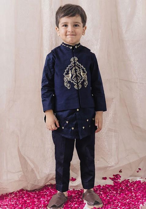 Navy Blue Embroidered Cotton Kurta Set For Boys — view on Indya