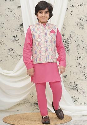 Pink Embroidered Cotton Kurta Set For Boys