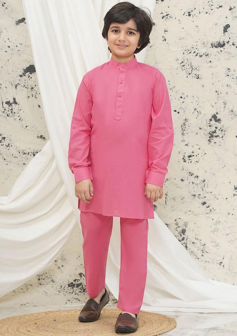 Pink Embroidered Cotton Kurta Set For Boys - Indya