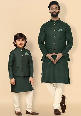 Green Printed Blended Kurta Set For Boys