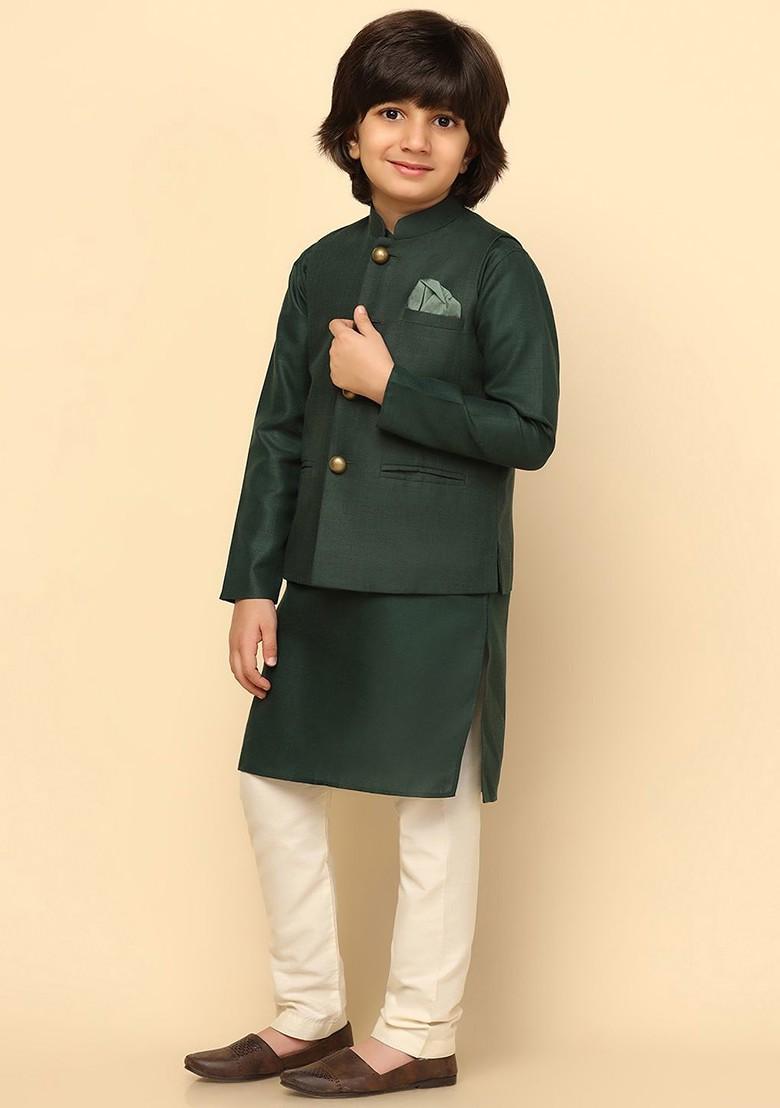 Green Printed Blended Kurta Set For Boys - Indya