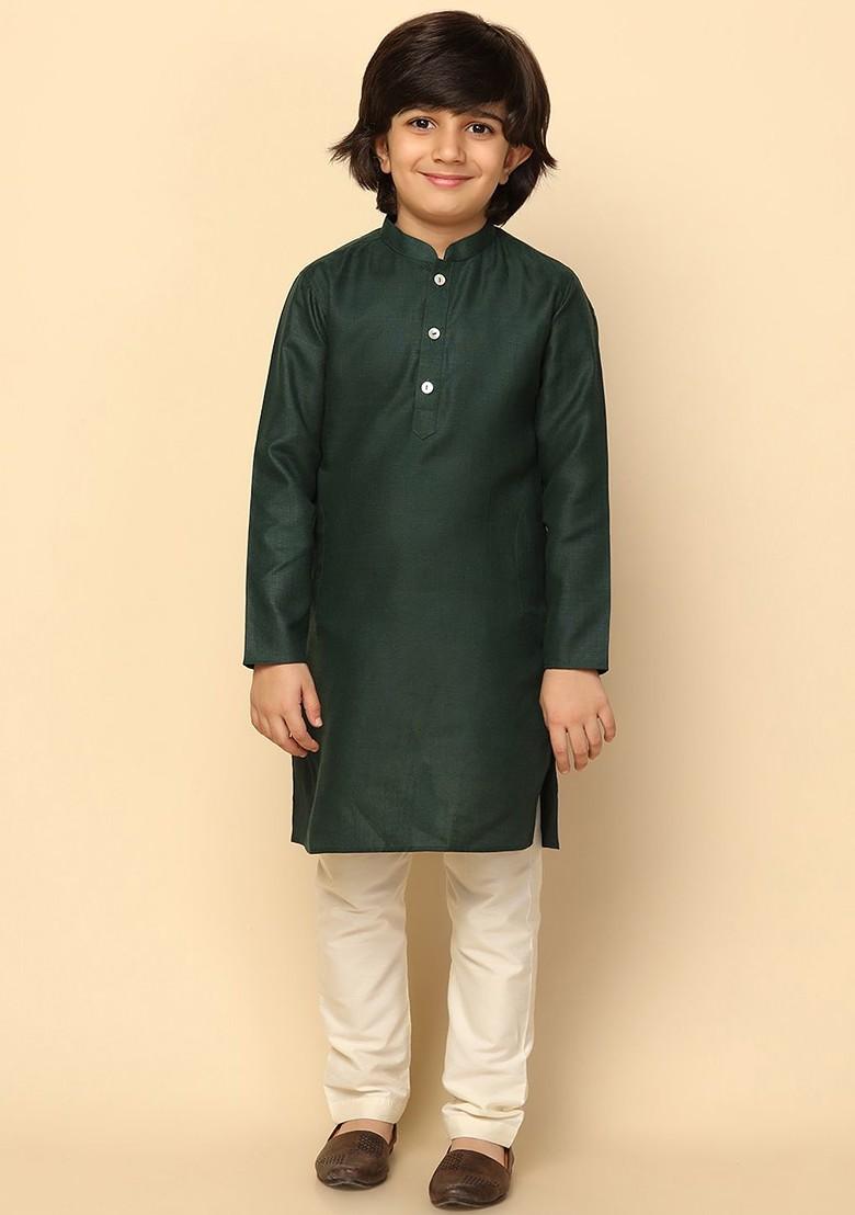 Green Printed Blended Kurta Set For Boys - Indya