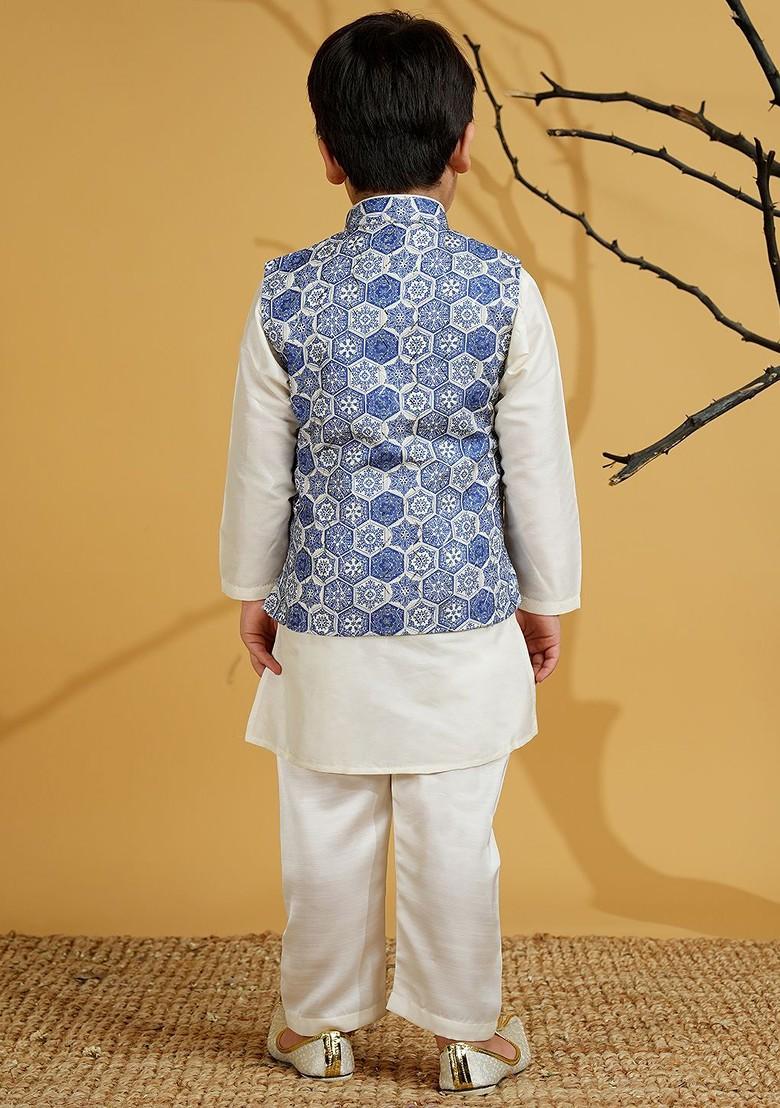 Cream Solid Blended Kurta Set For Boys - Indya